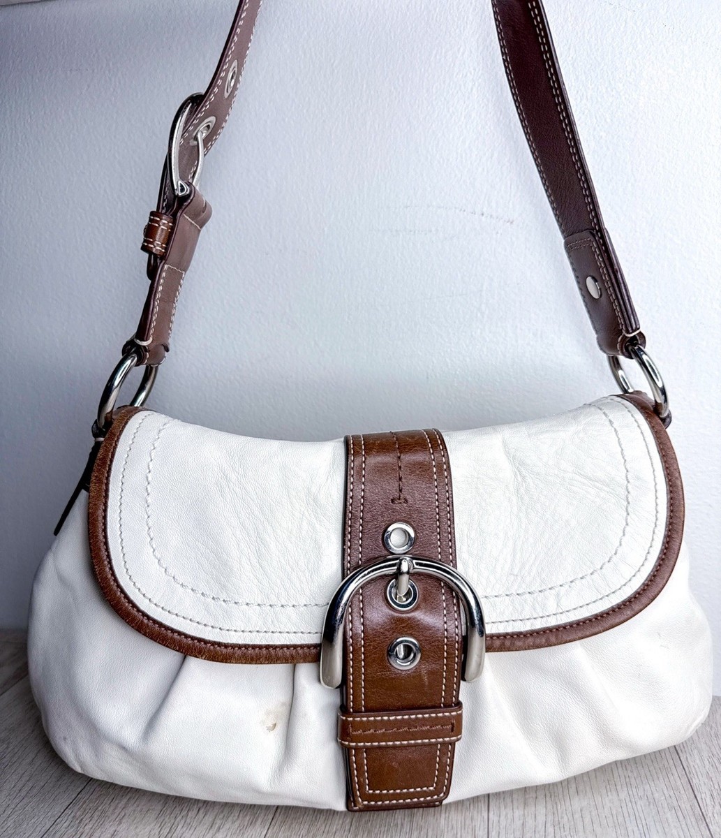 Vintage COACH Purse White Brown Leather Soho Shoulder Buckle
