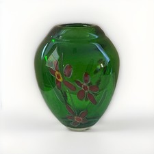 Vtg Murano Blown Glass Emerald Green Sommerso Floral Vase 6 In Heavy