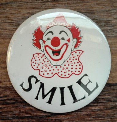 VTG Clown Pinback Button ''Smile'' 2 1/4'' Retro Circus Nostalgia Pin - 1980's 