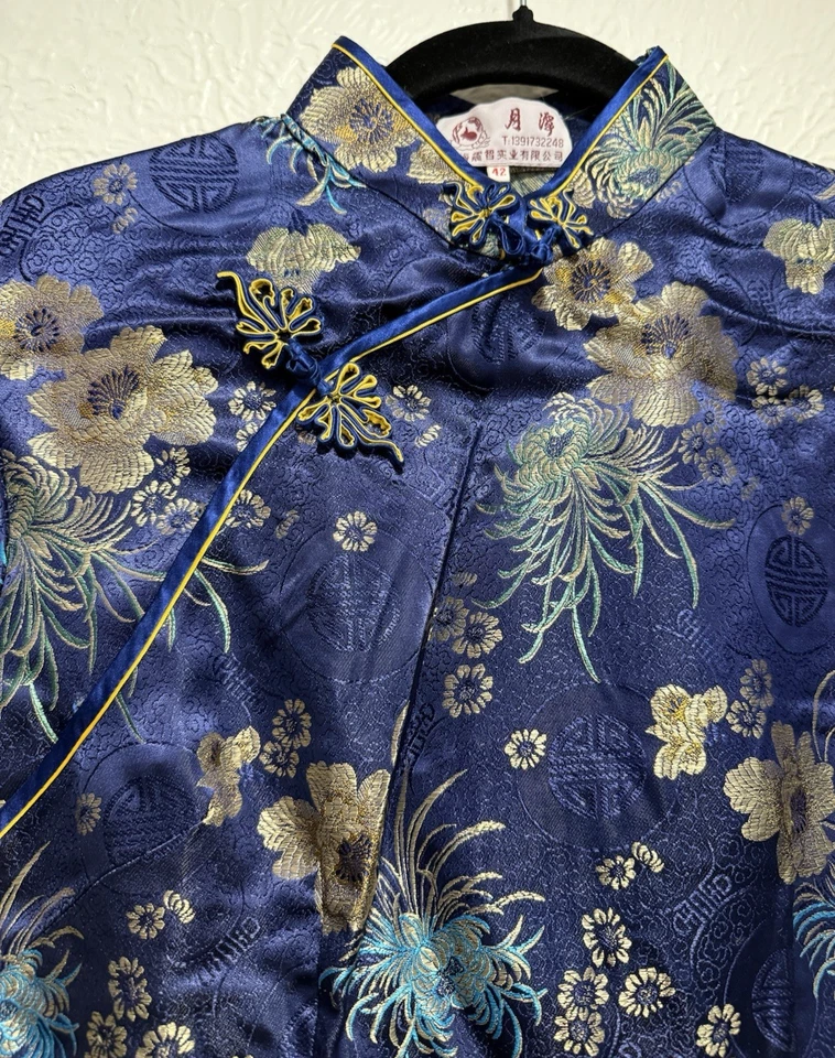 Vestido De Colección Azul Floral Satinado Cheongsam Moveble Talla 42, Tradicional Chino Qipao Foto 4 de 4