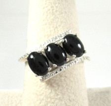.925 Sterling Silver Ring Black Onyx 3 Stone Bypass size 8 Studded