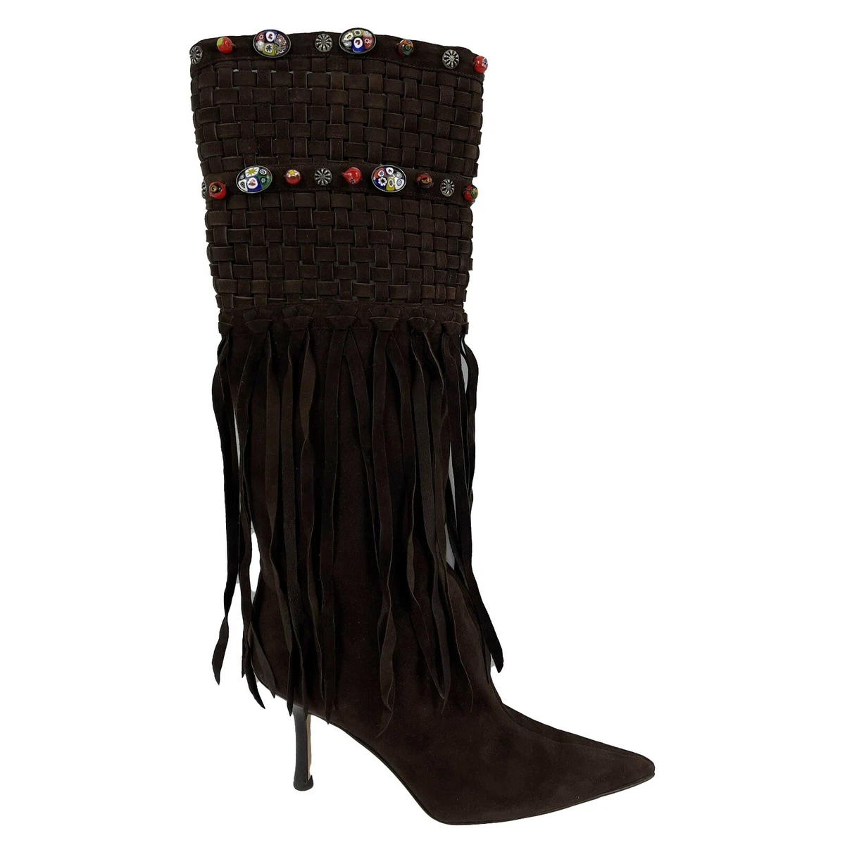 Jimmy Choo Brown Suede Kirra Beaded Fringe Boots Brown 37 US 7