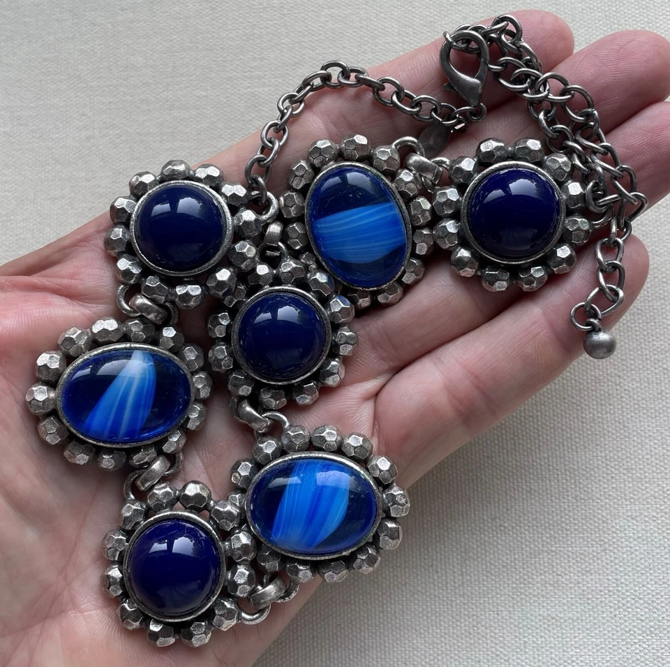 Chico's Statement Steampunk Bib Necklace Pewter Tone Blue Glass Caviar 16-20" - Image 2 of 4