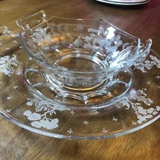 VTG Glass Serving Dish Set Bowl Plate Etched Octagonal Handles Floral **READ**