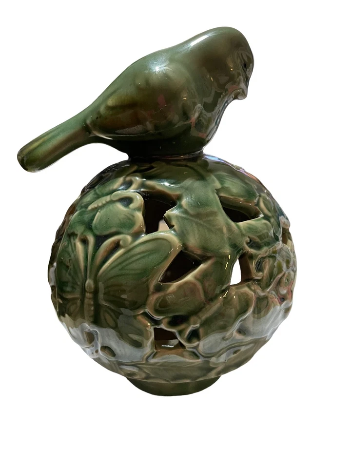 Vela de cerámica esmaltada / cubierta de popurrí bola de pájaro verde mariposas luminaria Foto 3 de 4