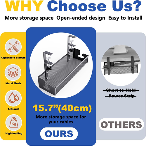 15.7'' under Desk Cable Management Tray, No Drill Mesh Desk Cable Tray, Wire Man - Afbeelding 4 van 12