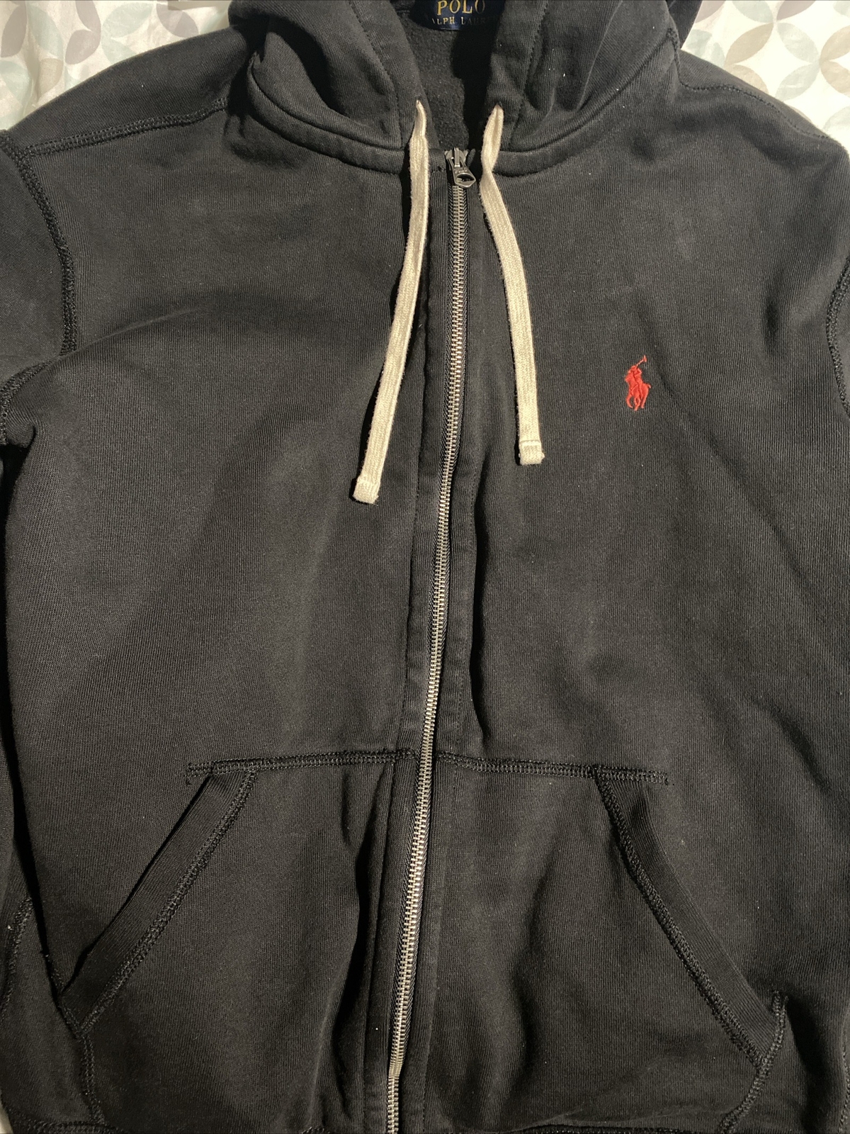 Felpa con cappuccio Polo Ralph Lauren da uomo L cerniera intera nera rossa pony pesante pulita