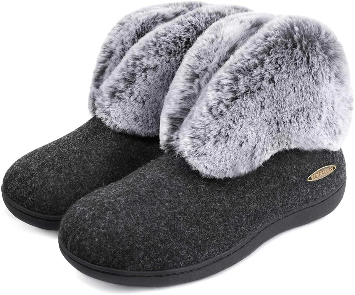ULTRAIDEAS Women s Cozy Memory Foam Slippers with Plush Faux Fur Collar Wool Li
