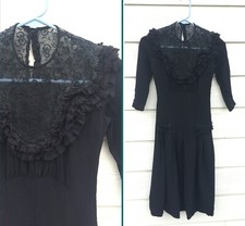 vintage 1910s SHEER LACE black crepe Edwardian DRESS xxs embroidered ruffle goth