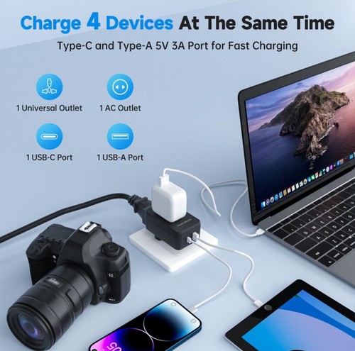 Europäischer Reisestecker Adapter, internationaler Netzstecker mit USB C, USB A Ports - Bild 4 von 7