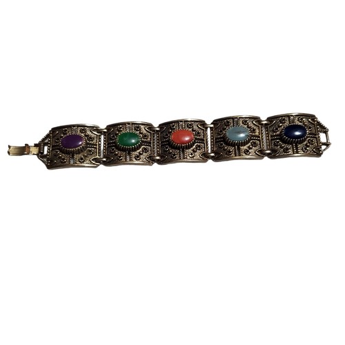 VTG. SARAH COVENTRY “GRANADA” RED & BLUE OVAL CABOCHON GOLD TONE CHUNKY BRACELET - Picture 13 of 15