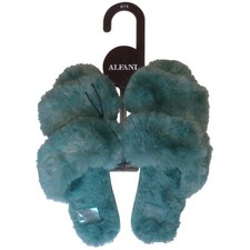 Alfani Faux Fur Crossband Slide Slippers L 9/10 NWT 35 Greenblue Slate Teal