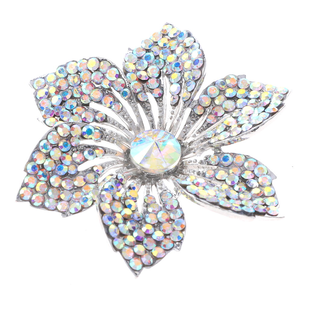 Silver Tone Metal Crystal Rhinestone Flower Brooch P1469-SAB