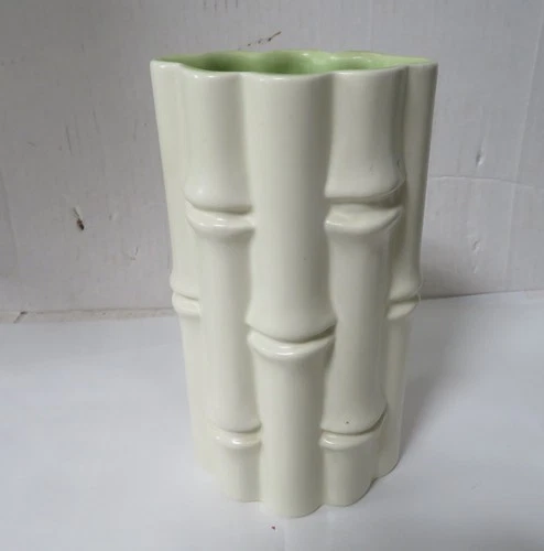 Red Wing Pottery USA Vase Bone White W Mint Green Interior Bamboo  7.75"