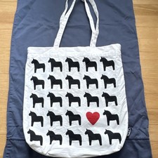 IKEA Foldable Cotton Reusable Shopping Bag White Black Horse Red Heart Print