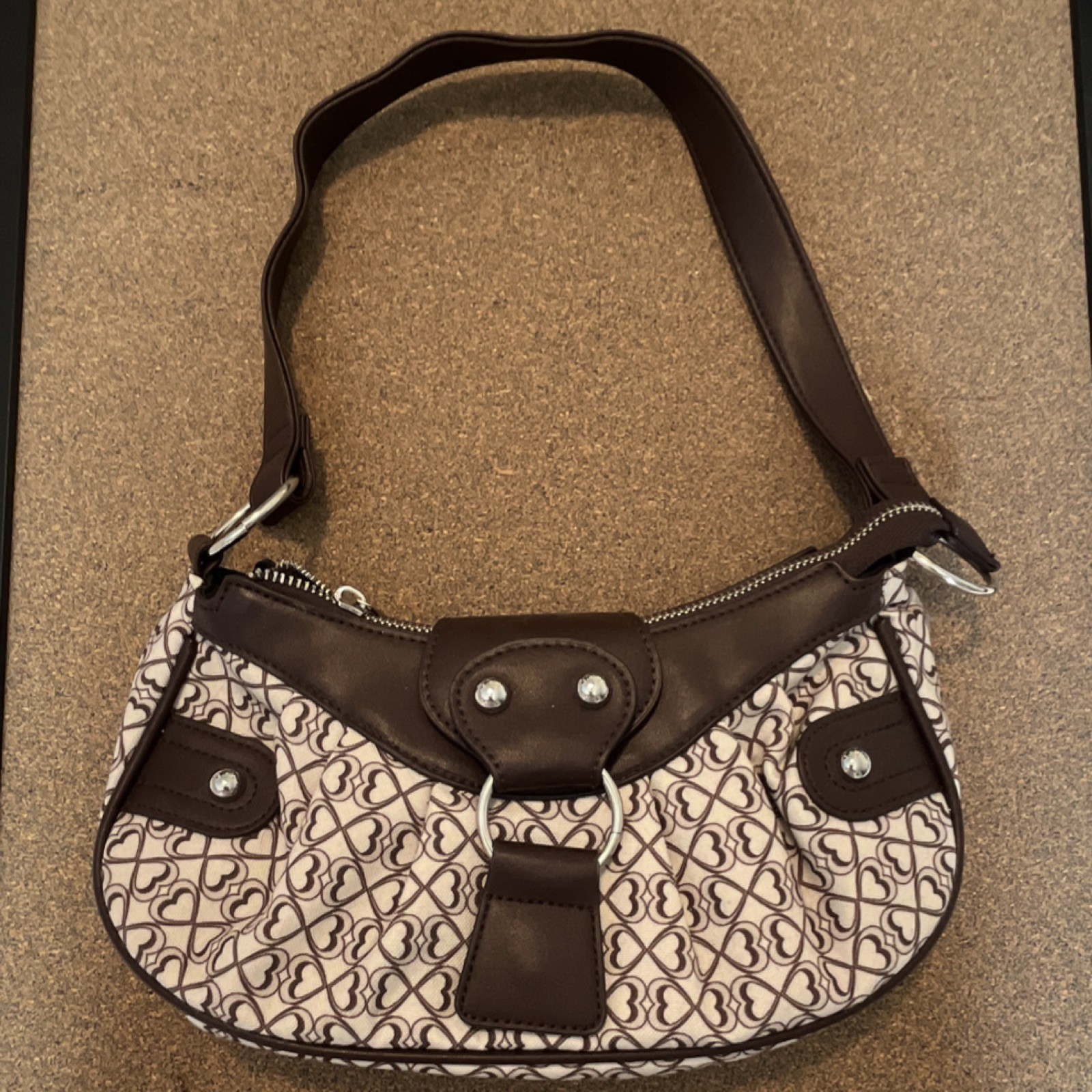 Women’s Brown/Beige Geometric Crescent Shoulder Bag Zip Closure Silver Hardware