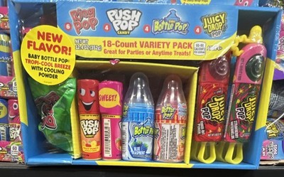 Bazooka 18-Count Variety Pack Ring Pop Push Pop Baby Bottle Pop Juicy Drop Pop