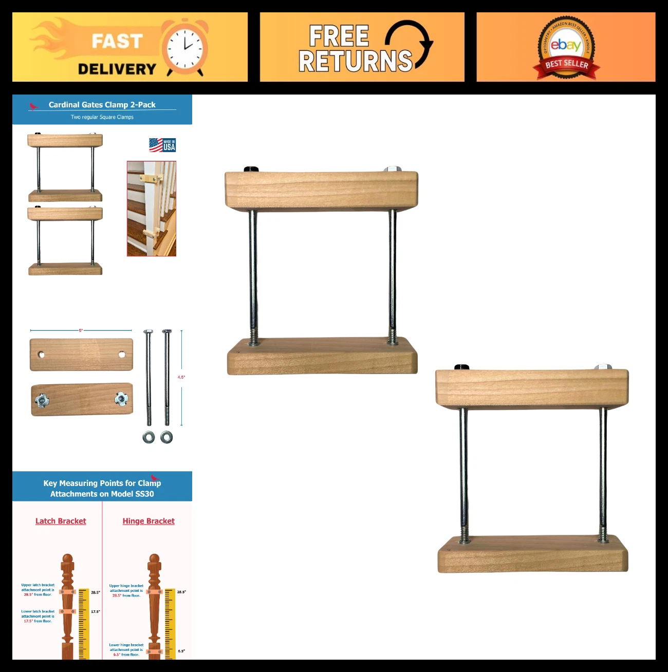 Safety Gate Square Clamp - No Hole Baby Gate Banister Adapter - Wooden Mounting