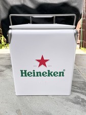Heineken 14Qt Enfriador de Metal Retro Blanco Portátil Cerveza Hielo Puerta Trasera Barbacoa Leer