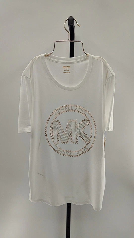 Michael Kors Rhinestone Circle MK Logo White Sleeved Top L