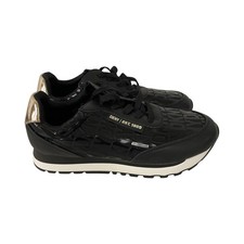 DKNY Trainers Jahari Tennis Black Gold Spellout Logo Lace Up Womens 8M NWOB