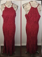 LULUS Maxi Dress SZ M Splendor Of Love Halter Lacy Wine Burgundy Gown 26495