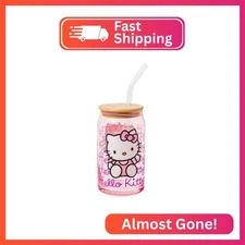 Silver Buffalo Sanrio Hello Kitty Waving Pink Glass Jar Tumbler with Bamboo Lid 
