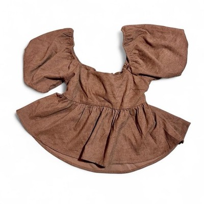 Francesca s Mi Ami Brown Corduroy Balloon Sleeve Tie Back Crop Shirt (Medium)