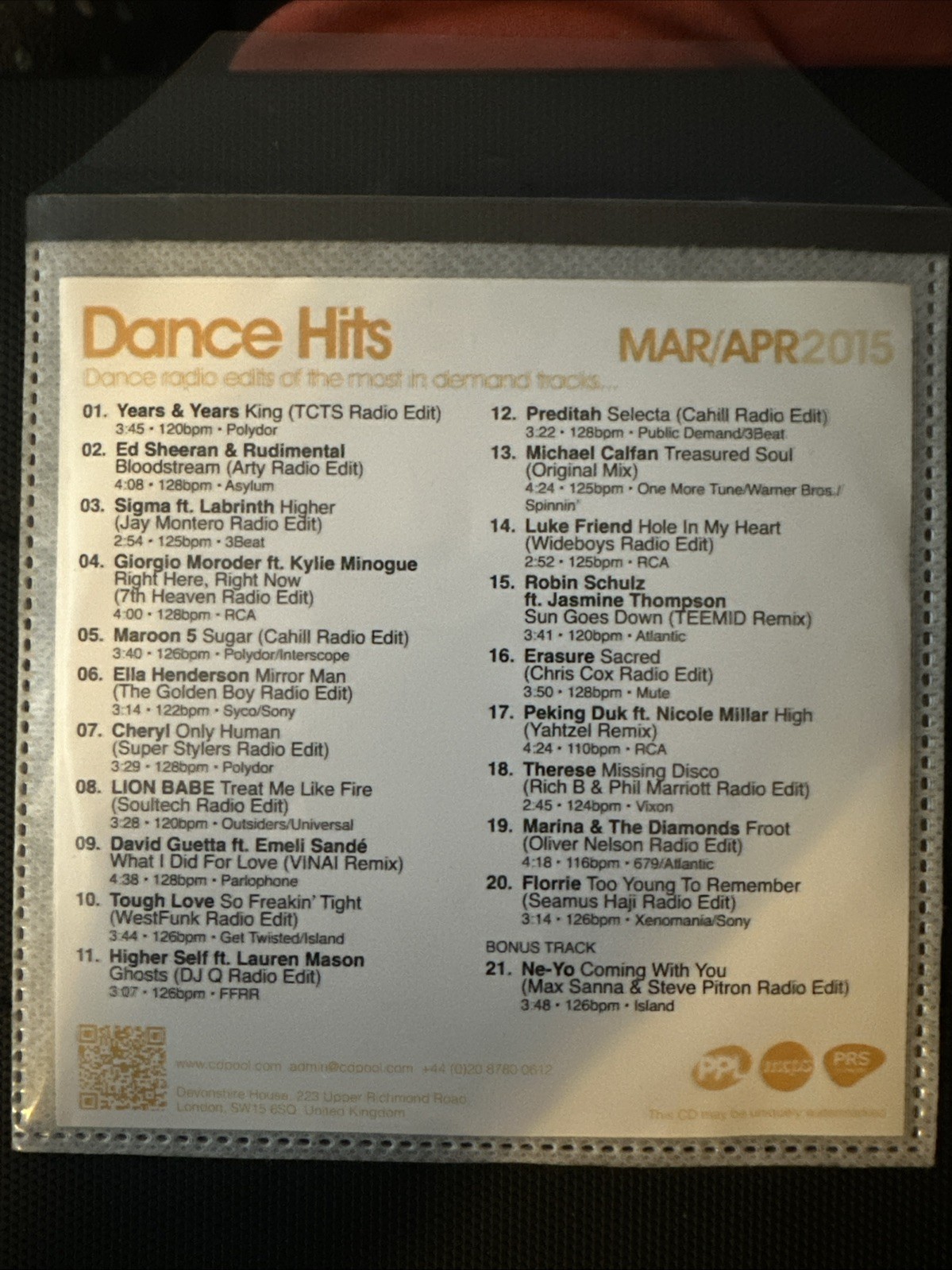 CD Pool Dance Hits March/April 2015 Maroon 5 Kylie David Guetta Ed Sheeran Ne-Yo Dance