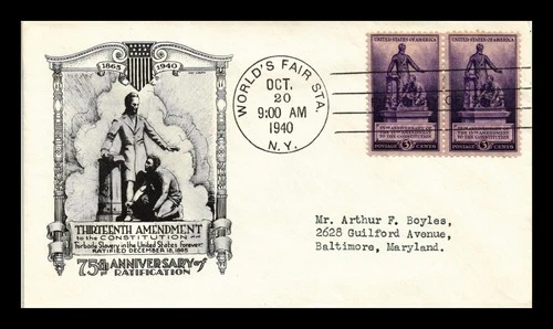 US COVER 13TH AMENDMENT FDC SCOTT 902 PAIR LOWRY CACHET WORLDS FAIR CANCEL