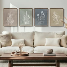 Framed Boho Botanical Wall Art for Living Room, 4 Piece Rustic Floral Canvas Pai