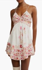 New Free People Oasis Placed Floral Mini Slip Dress White Pink Silky Large Satin