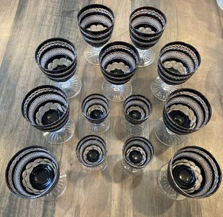 Vintage Etched Bohemian Crystal Ruby Red Wine Goblets Cut To Clear