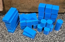 Vintage Blue Wooden Building Blocks 35 Stack Toys Cylinders Shapes Crafts