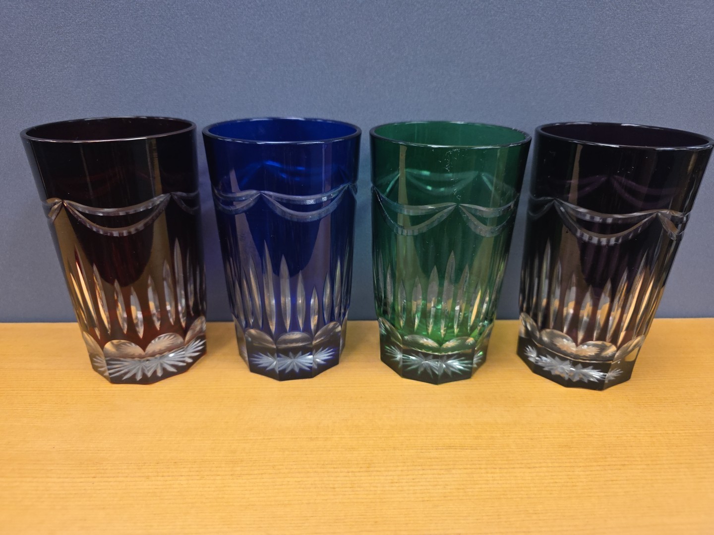 Set Of 4 Vtg Cut to Clear Highball Crystal Glass Bohemian Style Red Green Cobalt