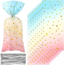 100 Pcs Pastel Cellophane Bags Rainbow Party Favors Bag Star Dot Treat Goodie Ca
