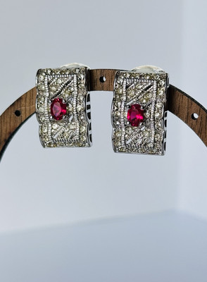 NADRI Earrings Art Nouveau Deco Clip On Silver CZ Crystals Pave Ruby Red Stone