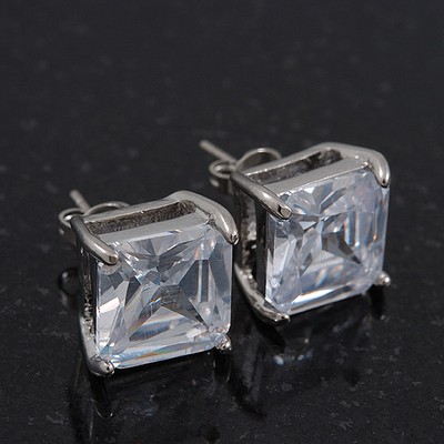 Princess-Schliff klare CZ Ohrstecker in Rhodinierung - 10 mm Durchmesser