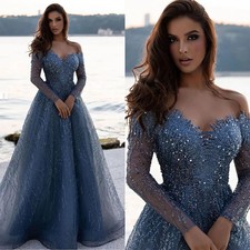Elegant Blue Evening Dresses Off Shoulder Long Sleeves Shiny Applique Prom Gowns