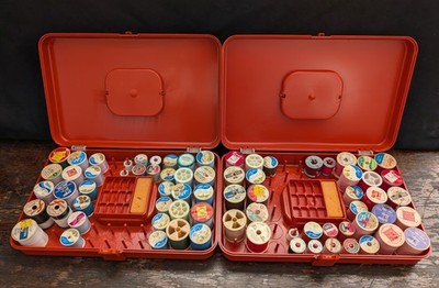 Vintage MCM Set 2 Wilson Co WIL-HOLD Sewing Box & 70 Thread Spools Rust Orange