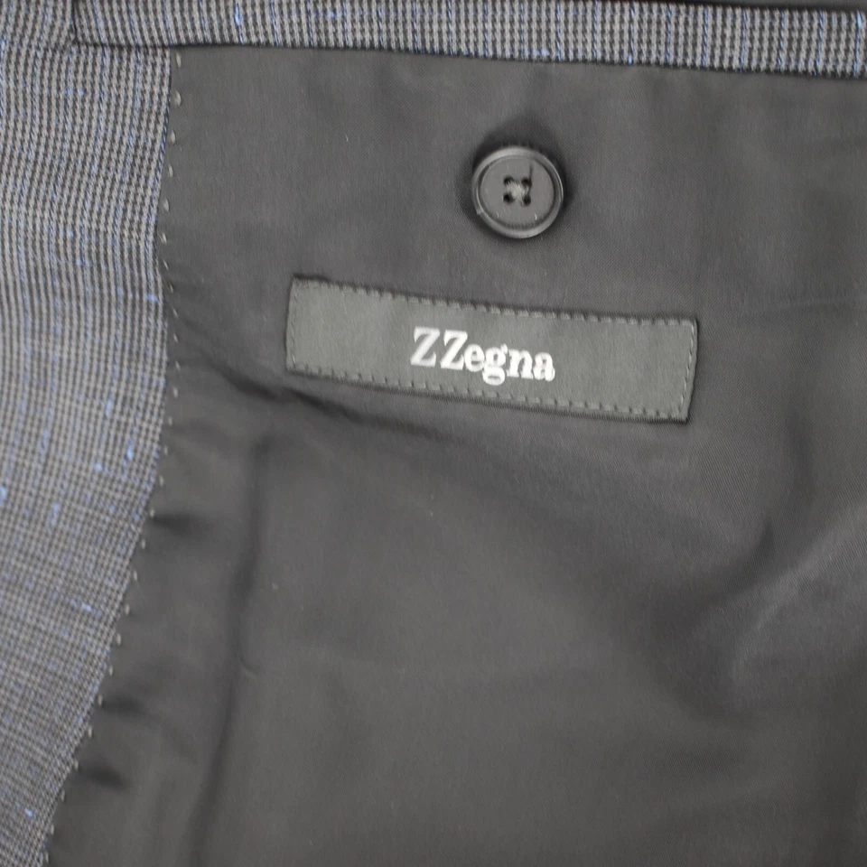 Terno masculino Zegna 40C 36x29 micro houndstooth lã cinza com entalhe de textura azul - Imagem 3 de 4