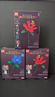 Block Tech - Lot Of 3 Stems - x1 Blue Rose x2 Red Hibiscus