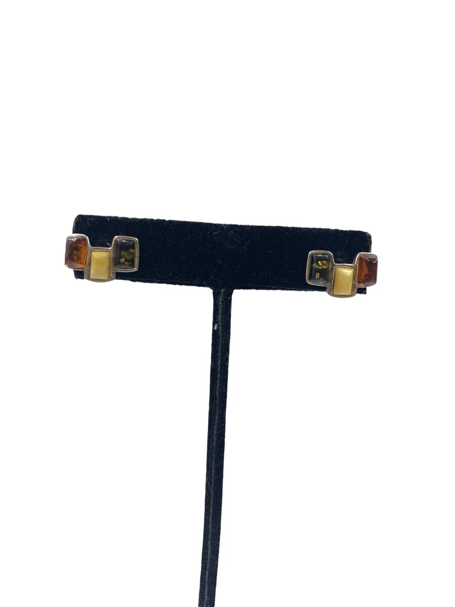 Multi Stone Rectangle Stud 925 Sterling Silver Ea… - image 2