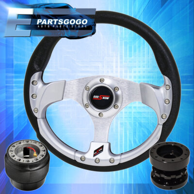 320mm Silver Fusion Style Steering Wheel + Black Hub Extender For 89-05 Eclipse