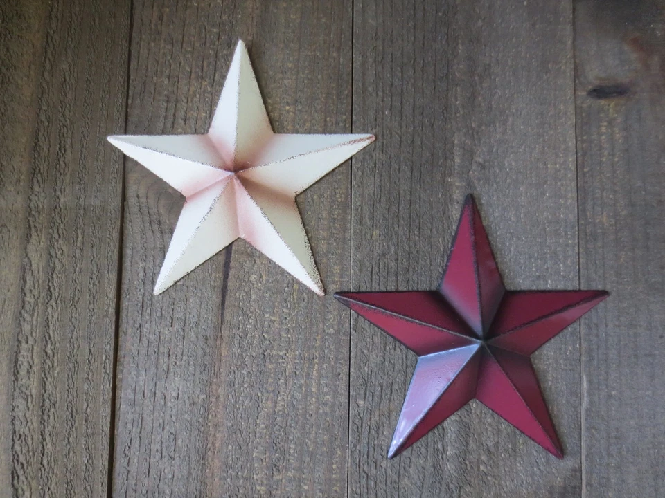 Set of 2 Red & White Primitive 6" Barn Stars Metal Christmas Patriotic Americana - Image 4 of 4