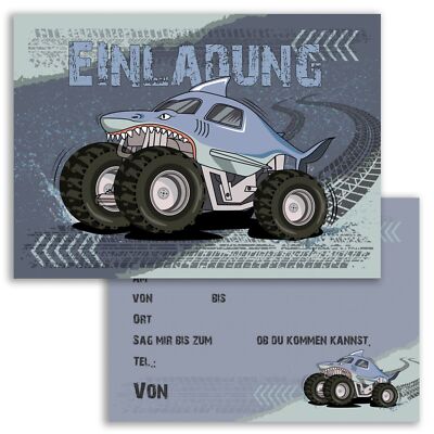 10 Kinder Einladungskarten Monster Truck Auto Hai