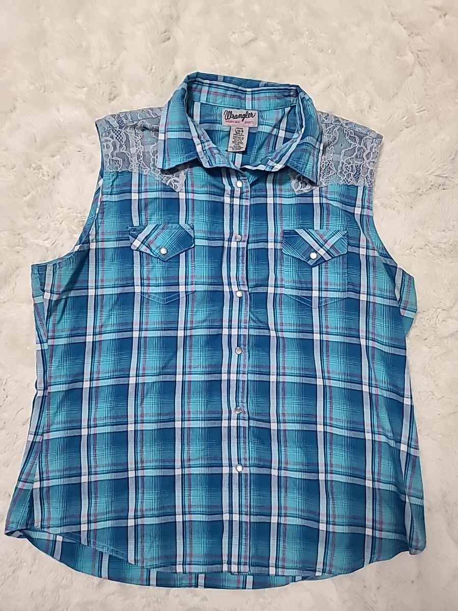Vtg Wrangler Womens Plaid Shirt Pearl Snap Sleeveless Lace Country Western  Rodeo