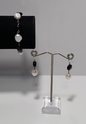 925 Sterling Silver Freshwater Pearl & Black Beads Bracelet w/Matching Earrings