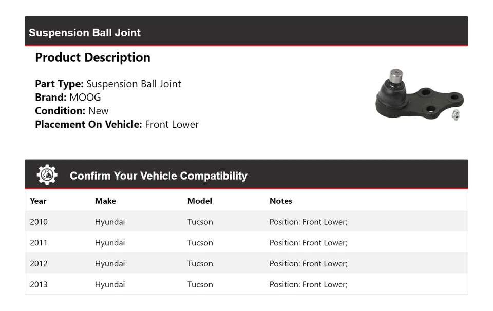 For 2010-2013 Hyundai Tucson Suspension Ball Joint Front Lower MOOG 2010 2011 - Image 2 of 4