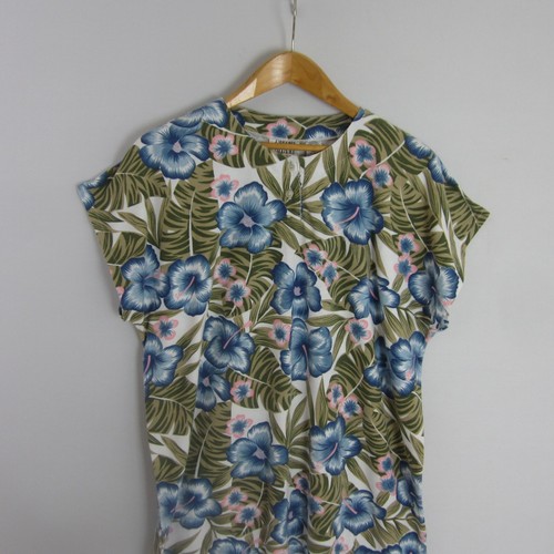 Camisa tejida vintage Gitano para mujer XL 22W - 24W azul floral algodón manga gorra - Imagen 2 de 8